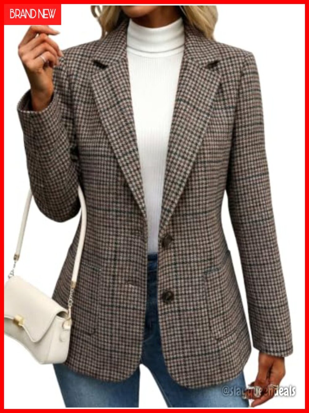 Wool Blend Tweed Houndstooth Blazer Women Slim Fit Suit Jacket
